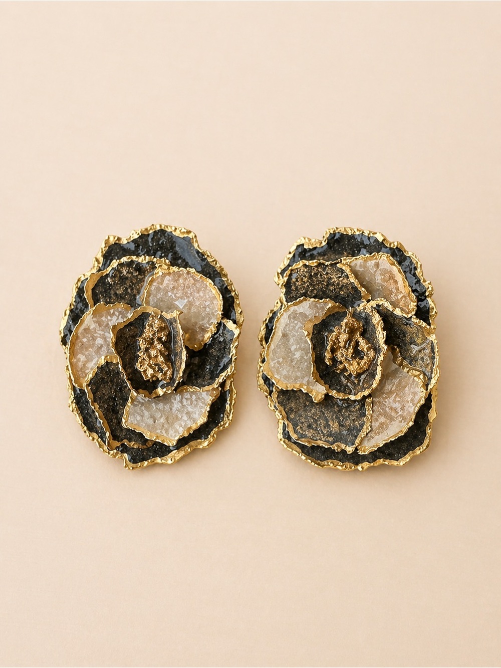 Black & Gold Geode Statement Stud Earrings Textured Stone Look